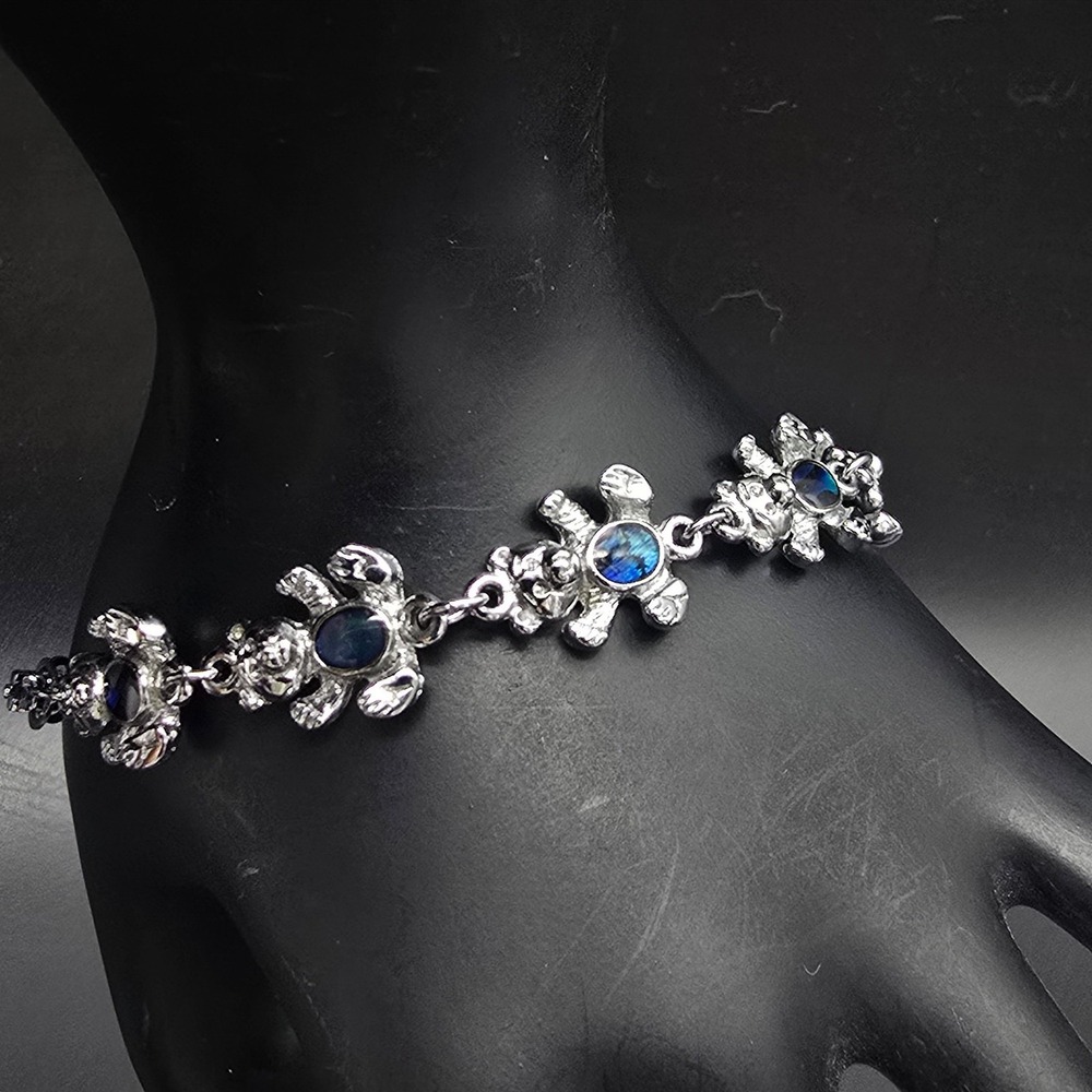 Silver Tone Paua Shell Abalone Teddy Bear Bracelet Vintage 1990s Jewelry